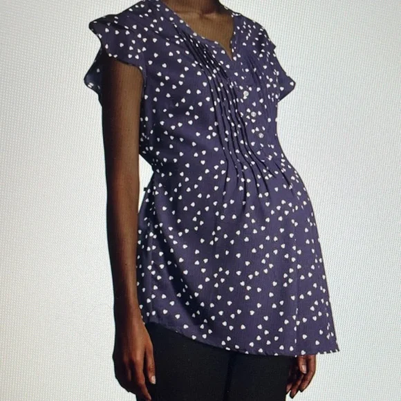 Oh Mamma Women’s Maternity Blue White Heart Pleated Button V Neck Back Tie SZ L - Picture 4 of 12